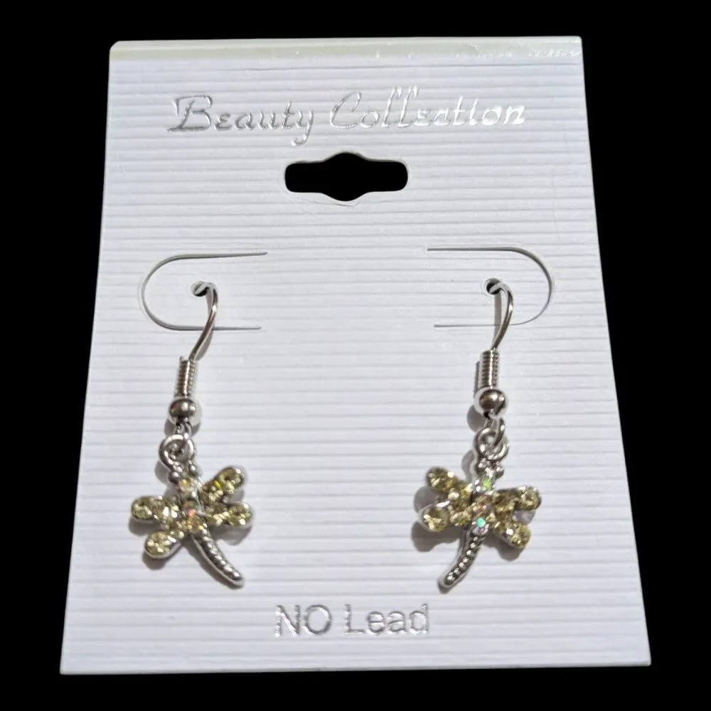 Silver Dragonfly Dangle Earrings Rhinestone Sparkle No Lead